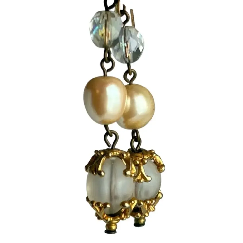Vintage Inspired Gold Tone Dangle Earrings Faux Pearls Clear Crystals Frosted